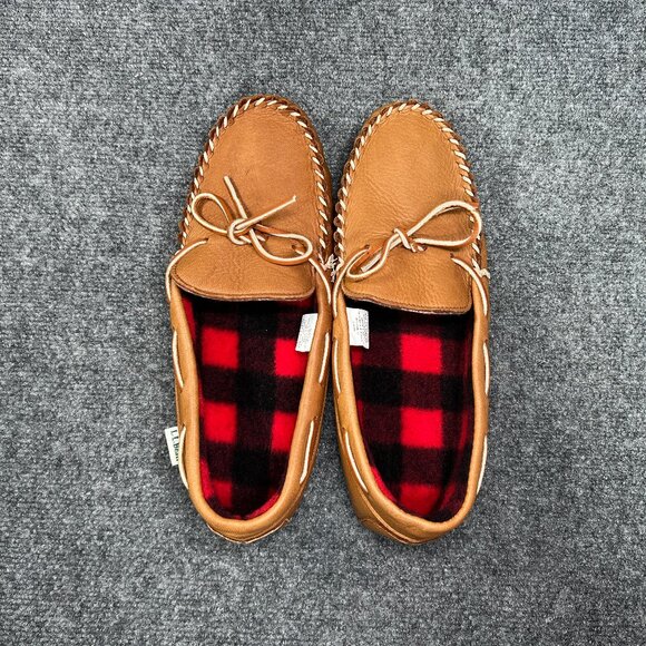 L.L. Bean Moccasin Slippers Men's 12 Brown Leather Fleece Lined Slip On Shoes - Picture 8 of 10